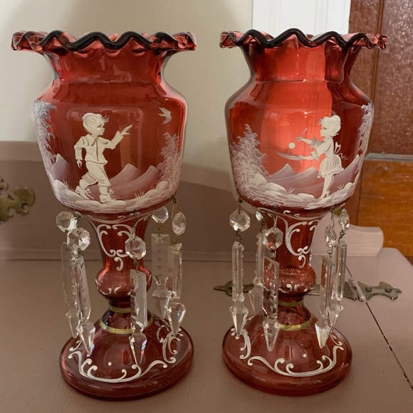 Victorian Mary Gregory Cranberry Glass Mantle LUSTRE Vases - Picture 11 of 11